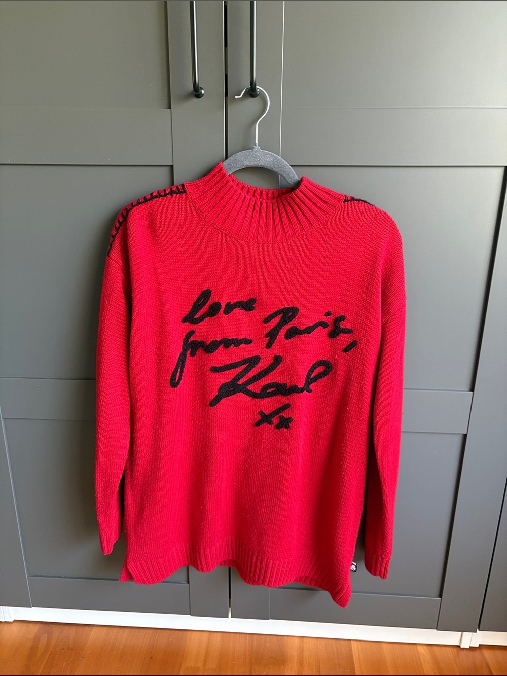 Karl Lagerfeld Red Knit Turtleneck Sweater with Black Script